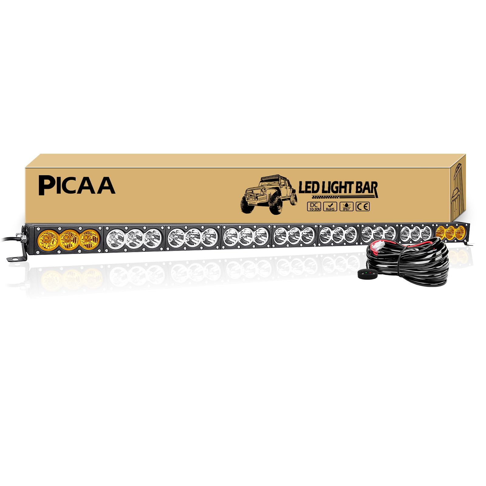 PICAA Led Arbeitsscheinwerfer 49 Zoll 123CM 405W einzelne Reihe Led Lichtbalken 12V Slim Led Zusatzscheinwerfer Bar Zweifarbig Bernstein & Weiß für SUV Offroad ATV UTV Traktor 4x4 Auto Mit Kabelbaum von PICAA