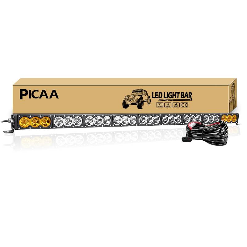 PICAA Led Arbeitsscheinwerfer 49 Zoll 123CM 405W einzelne Reihe Led Lichtbalken 12V Slim Led Zusatzscheinwerfer Bar Zweifarbig Bernstein & Weiß für SUV Offroad ATV UTV Traktor 4x4 Auto Mit Kabelbaum von PICAA