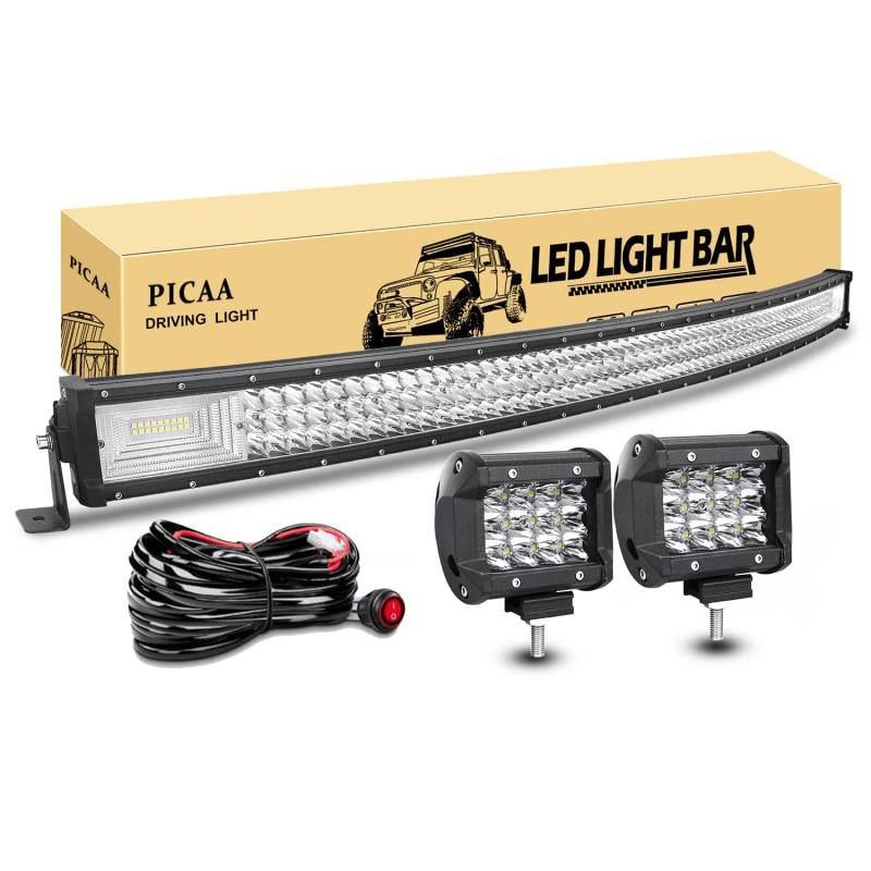 PICAA Led Arbeitsscheinwerfer 50 Zoll 125CM 648W 7D Led Lichtbalken Drei Reihen 12V Gewolbt Led Zusatzscheinwerfer Bar Mit 2PCS 4 Zoll LED Arbeitslicht für SUV Offroad ATV UTV Traktor 4x4 Auto von PICAA