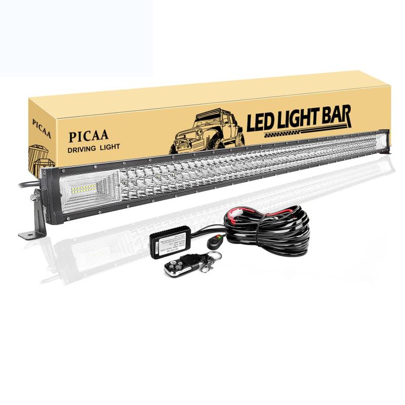 PICAA Led Arbeitsscheinwerfer 50 Zoll 648W Led Lichtbalken 12V Mit Fernbedienung Kabelbaum Drei Reihen Led Zusatzscheinwerfer Bar LED Arbeit Licht Bar für SUV Offroad ATV UTV Traktor 4x4 Auto von PICAA