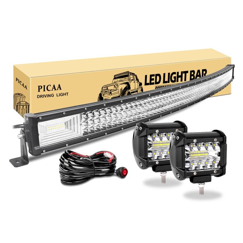 PICAA Led Arbeitsscheinwerfer 52 Zoll 130CM 675W 7D Led Lichtbalken Drei Reihen 12V Gewolbt Led Zusatzscheinwerfer Bar Mit 2PCS 4 Zoll 60W LED Arbeitslicht für SUV Offroad ATV UTV Traktor 4x4 Auto von PICAA