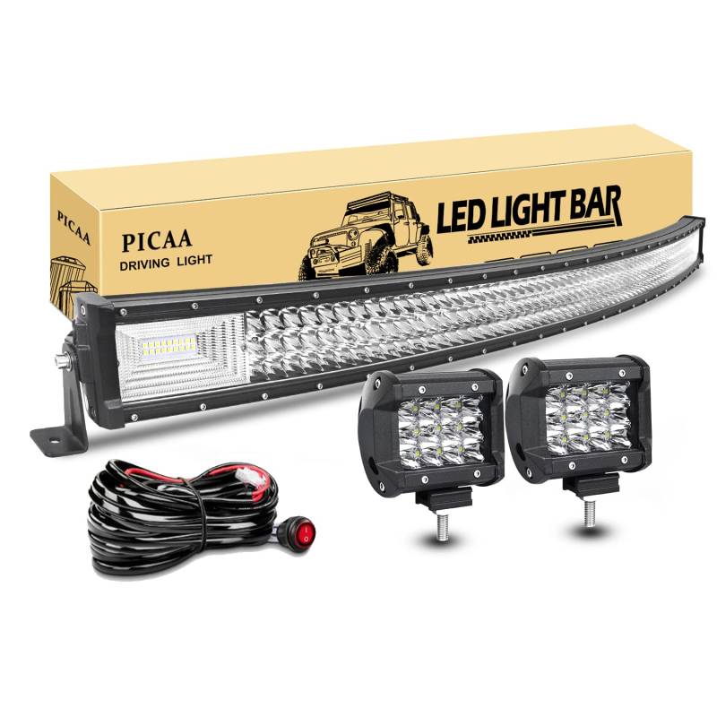 PICAA Led Arbeitsscheinwerfer 52 Zoll 130CM 675W 7D Led Lichtbalken Drei Reihen 12V Gewolbt Led Zusatzscheinwerfer Bar Mit 2PCS 4 Zoll LED Arbeitslicht für SUV Offroad ATV UTV Traktor 4x4 Auto von PICAA