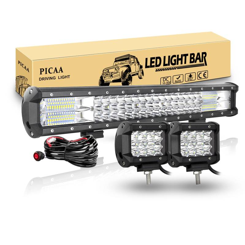 PICAA Led Arbeitsscheinwerfer 7D 20 Zoll 288W Led Lichtbalken Led Zusatzscheinwerfer Bar Spot Flutlicht Kombination für SUV Offroad ATV UTV Traktor 4x4 Auto Mit 2PCS 4 Zoll LED Arbeitslicht von PICAA