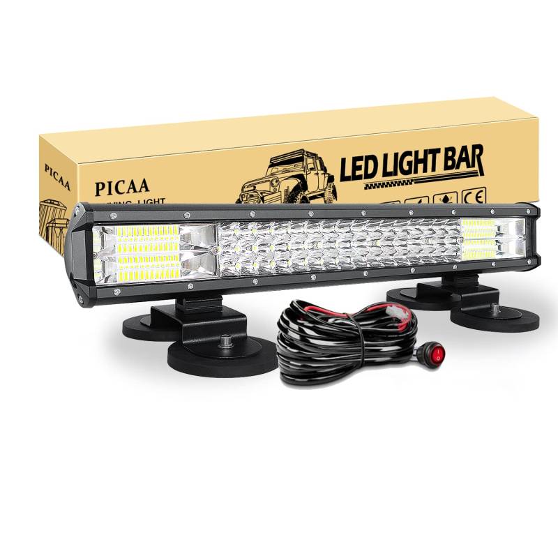 PICAA Led Arbeitsscheinwerfer 7D 20 Zoll 288W Led Lichtbalken Led Zusatzscheinwerfer Bar Spot Flutlicht Kombination für SUV Offroad ATV UTV Traktor 4x4 Auto Mit 2PCS magnetische Basishalterung von PICAA