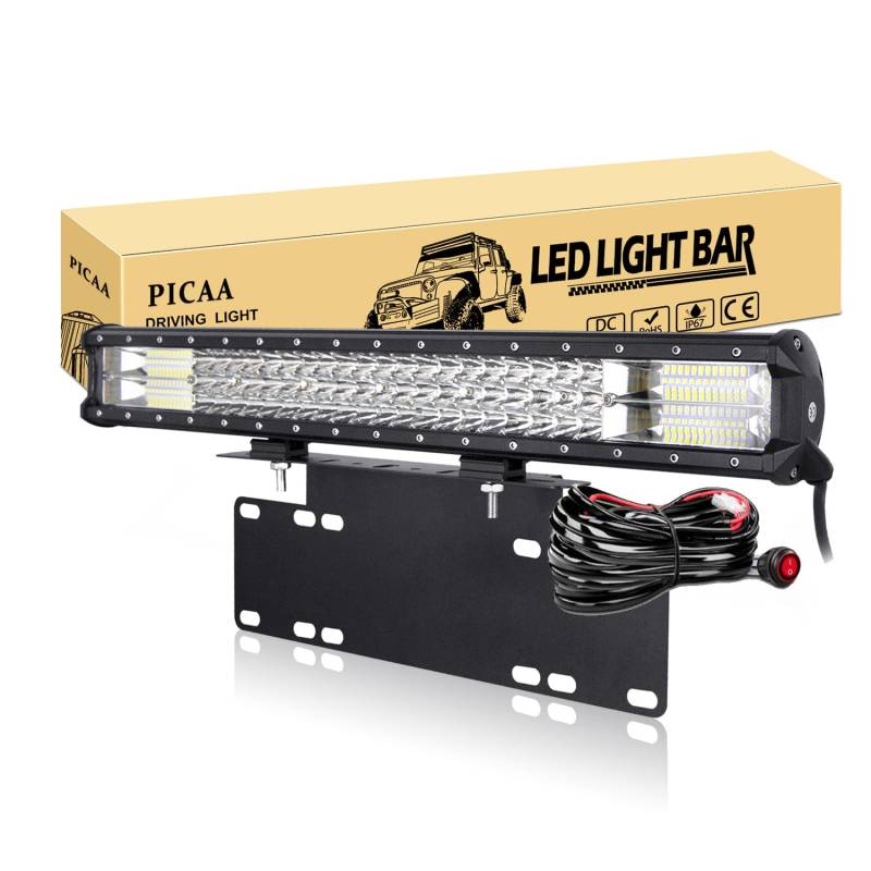 PICAA Led Arbeitsscheinwerfer 7D 22 Zoll 324W Led Lichtbalken Led Zusatzscheinwerfer Bar Spot Flutlicht Kombination für SUV Offroad ATV UTV Traktor 4x4 Auto Mit 15 Zoll Kennzeichenhalterung von PICAA