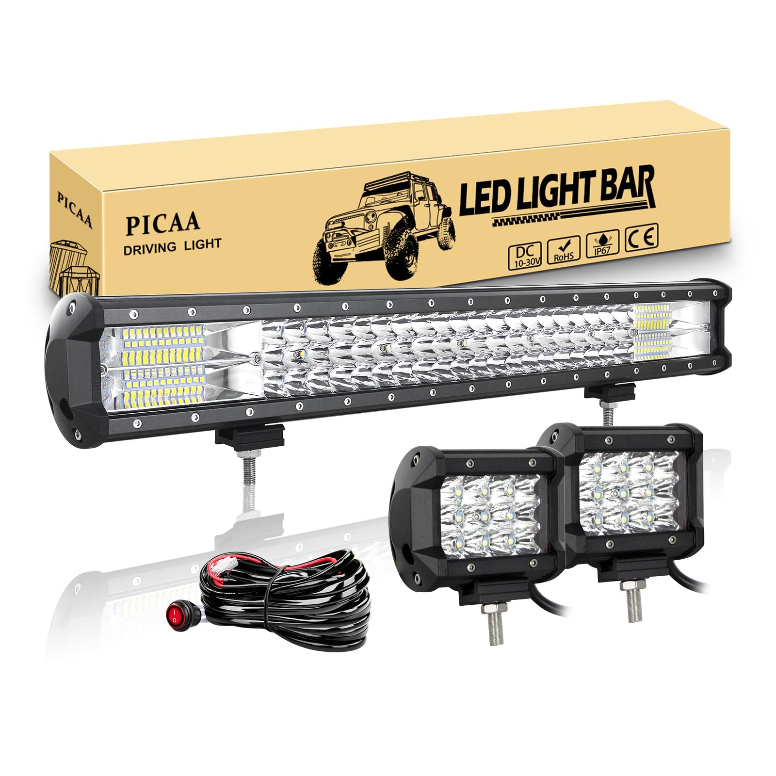 PICAA Led Arbeitsscheinwerfer 7D 22 Zoll 324W Led Lichtbalken Led Zusatzscheinwerfer Bar Spot Flutlicht Kombination für SUV Offroad ATV UTV Traktor 4x4 Auto Mit 2PCS 4 Zoll LED Arbeitslicht von PICAA