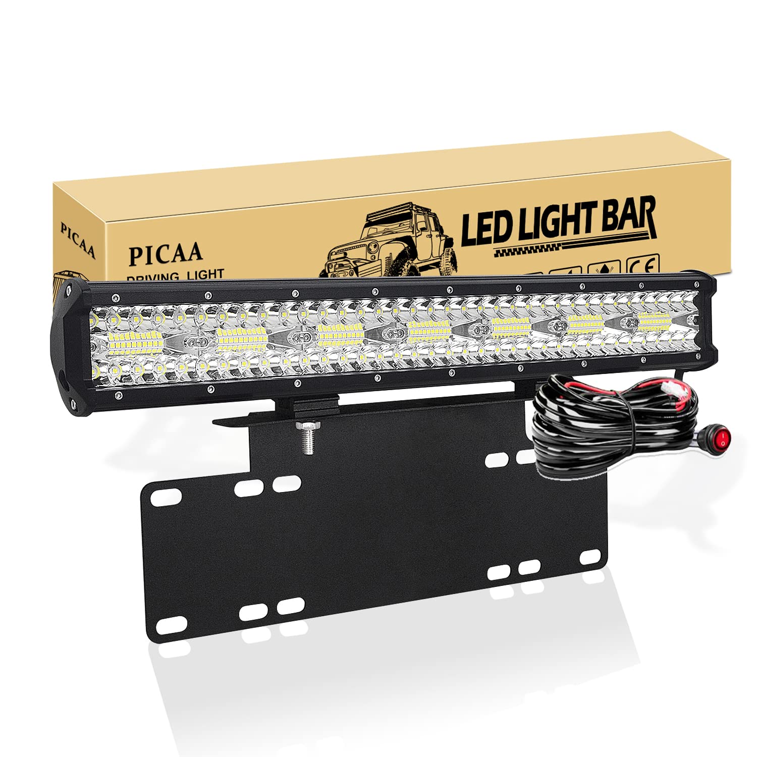 PICAA Led Arbeitsscheinwerfer 8D 20 Zoll 420W Led Lichtbalken Led Zusatzscheinwerfer Bar Spot Flutlicht Kombination für SUV Offroad ATV UTV Traktor 4x4 Auto Mit 15 Zoll Kennzeichenhalterung von PICAA