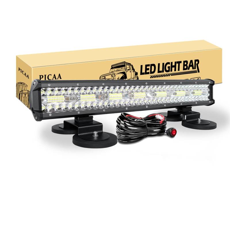 PICAA Led Arbeitsscheinwerfer 8D 20 Zoll 420W Led Lichtbalken Led Zusatzscheinwerfer Bar Spot Flutlicht Kombination für SUV Offroad ATV UTV Traktor 4x4 Auto Mit 2PCS magnetische Basishalterung von PICAA