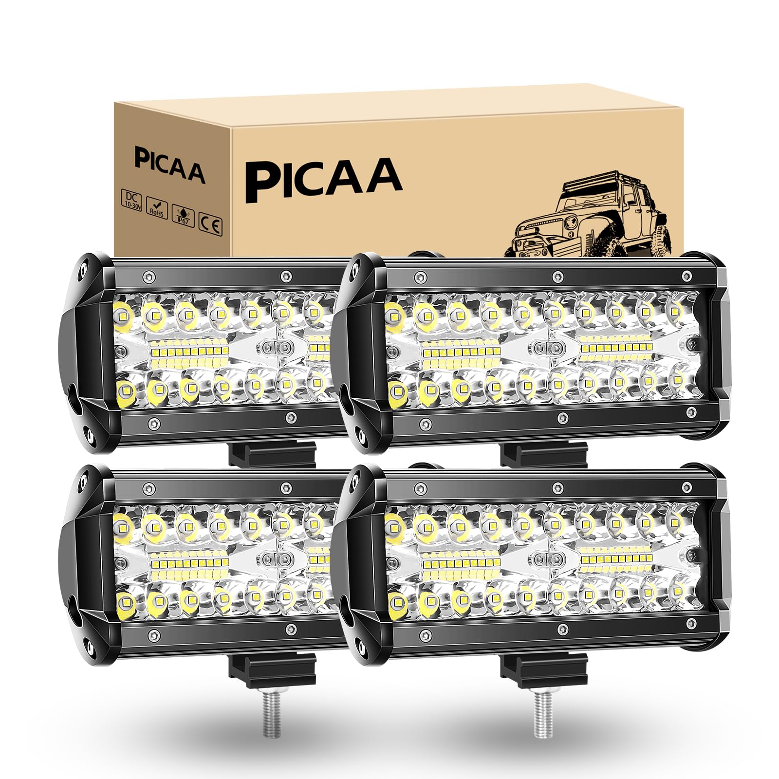 PICAA Led Arbeitsscheinwerfer Bar 12V 24V, 4X7 Zoll 8D 16.7CM 120W Led arbeitslicht, Offroad Led Lichtbalken,6000K DREI Reihen LED Arbeit Licht für SUV Offroad ATV UTV Traktor 4x4 von PICAA