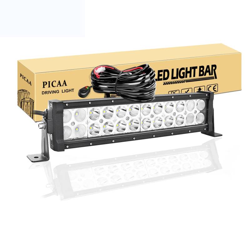 PICAA Led Lichtleiste Led Arbeitsscheinwerfer 12 Zoll 32.5CM 72W Led Lichtbalken Mit Kabelbaum 12V Led Zusatzscheinwerfer Bar LED Arbeit Licht Bar für SUV Offroad ATV UTV Traktor 4x4 Auto von PICAA