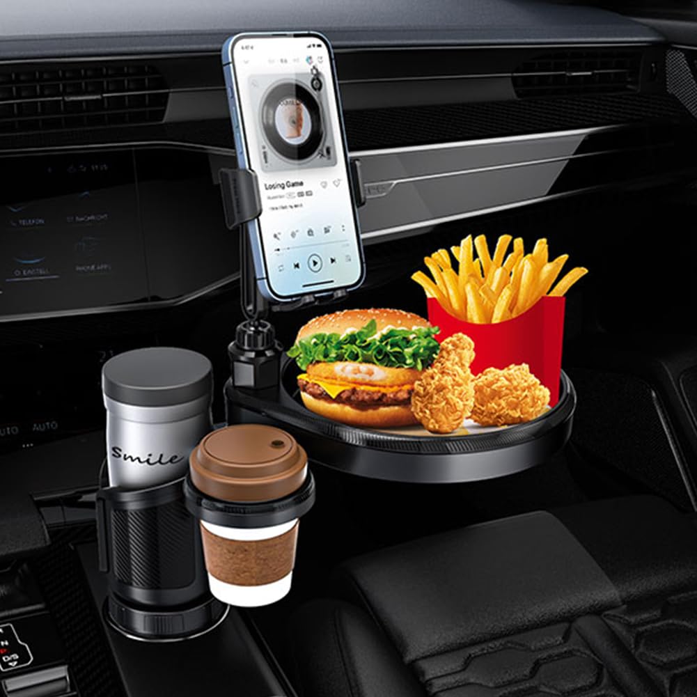 PKKP 4 in 1 Auto Getränkehalter, 360°Verstellbares Auto Tisch mit Abnehmbarem Tablett, 2 Becherhalter und Handy-Halterung, Flaschenhalter Auto für Wasserflaschen Getränk Snack Pommes von PKKP