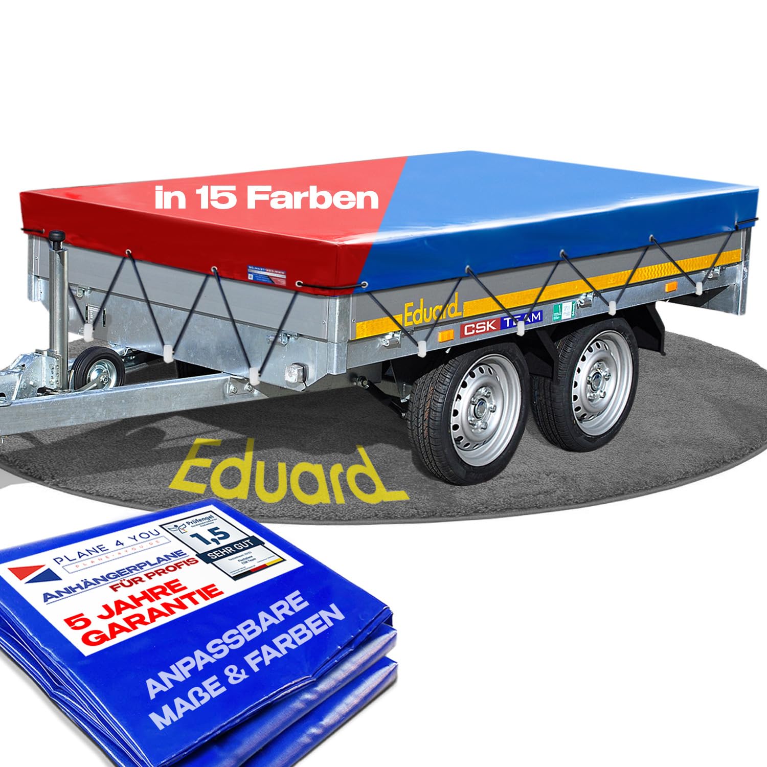 Hochwertige EDUARD Anhängerplane - 200 x 145 cm Innenmaß - Anhänger Plane Blau Hochglanzlackiert - Flachplane PKW-Anhänger - wasserdichte PVC Abdeckplane mit Anhänger Zubehör von PLANE 4 YOU