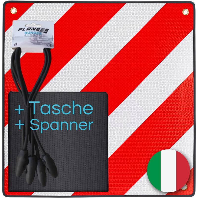 PLANGER® - Warntafel Italien (50 x 50 cm) + Spanner +Tasche - Reflektierendes Warnschild rot weiß für Heckträger u Fahrradträger von PLANGER