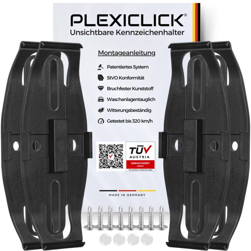 PLEXICLICK® Kennzeichenhalter Rahmenlos in Schwarz - Einfache Montage - Für alle Deutschen KFZ Kennzeichen - Nummernschildhalterung Auto - 100% Made in Germany - TÜV Zertifiziert mit Straßenzulassung von PLEXICLICK