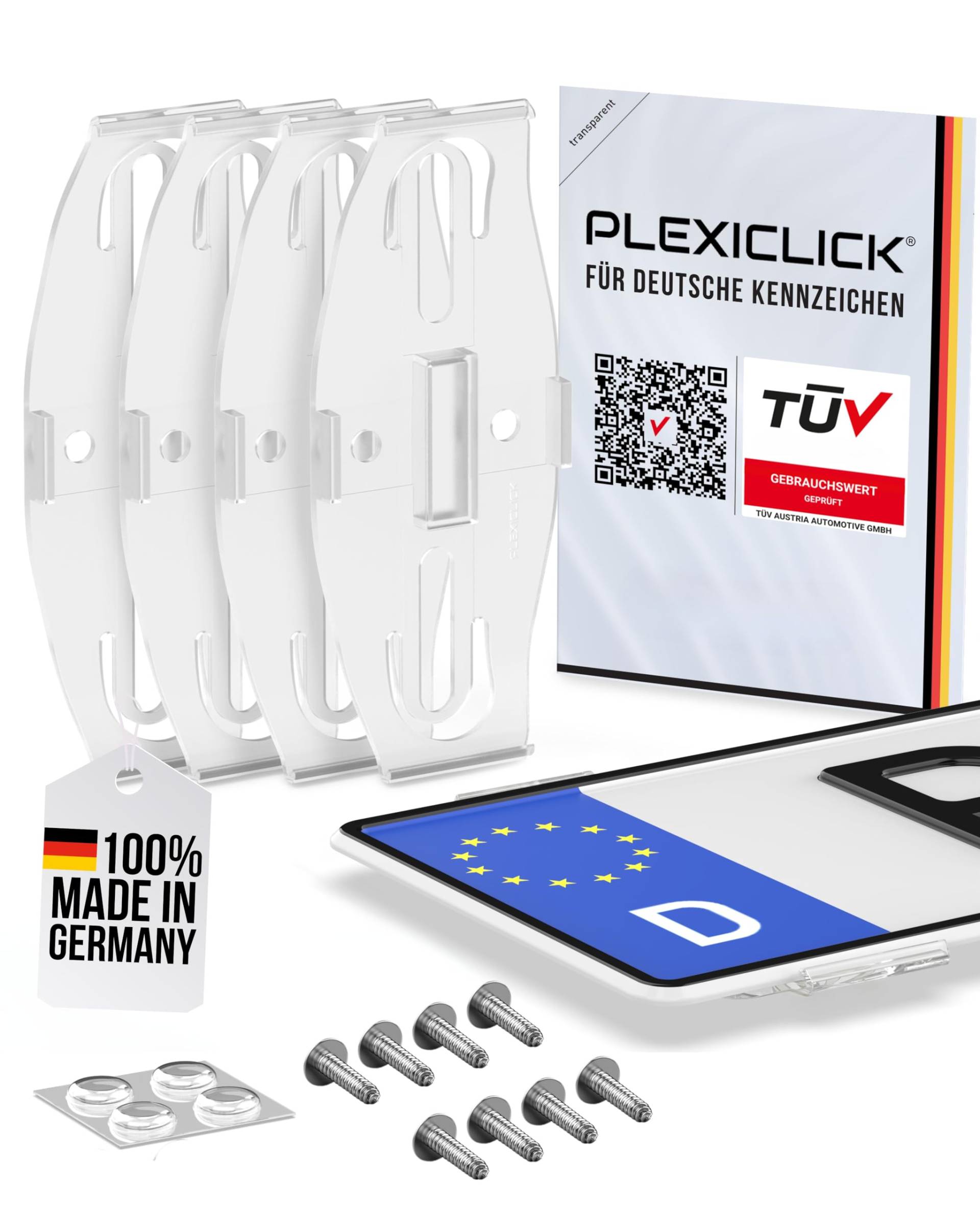 PLEXICLICK® Kennzeichenhalter Rahmenlos in Transparent - Einfache Montage - Universelle Passform für Autos in DE - Auto Zubehör - 100% Made in Germany von PLEXICLICK