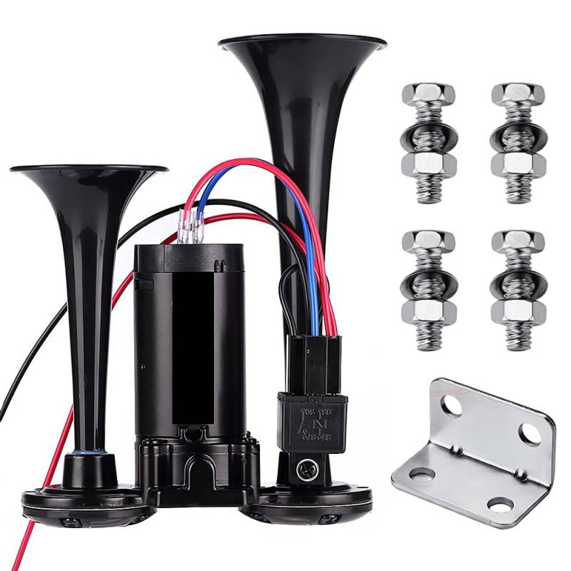 PLLYPE LKW Hupe Luft Horn, 12V 150DB Dual Trompete Air Horn mit Kompressor, Super Laute Drucklufthorn Auto Air Horn Kit, Chrom Zink Dual Trumpet Air Horn für Autos LKWs Züge Boote Schiffe Motoren von PLLYPE