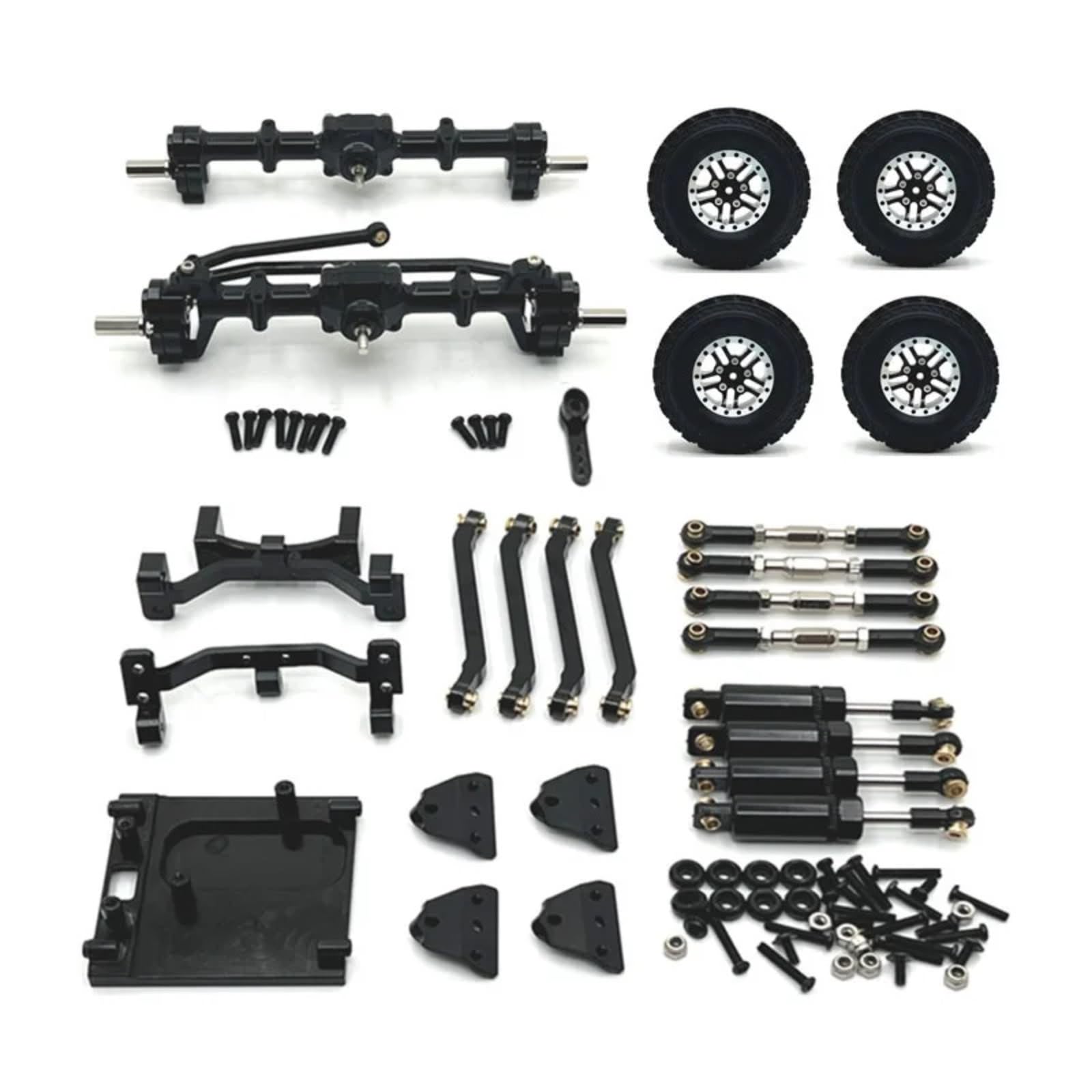 PLOQAZEH Für MN99S 2. Generation 1/12 RC-Car Portalachse Vorne Und Hinten Für Chassis Verbindungsstange Zugstangenhalterung Stoßdämpfer Reifensatz RC Autoteile(Black) von PLOQAZEH