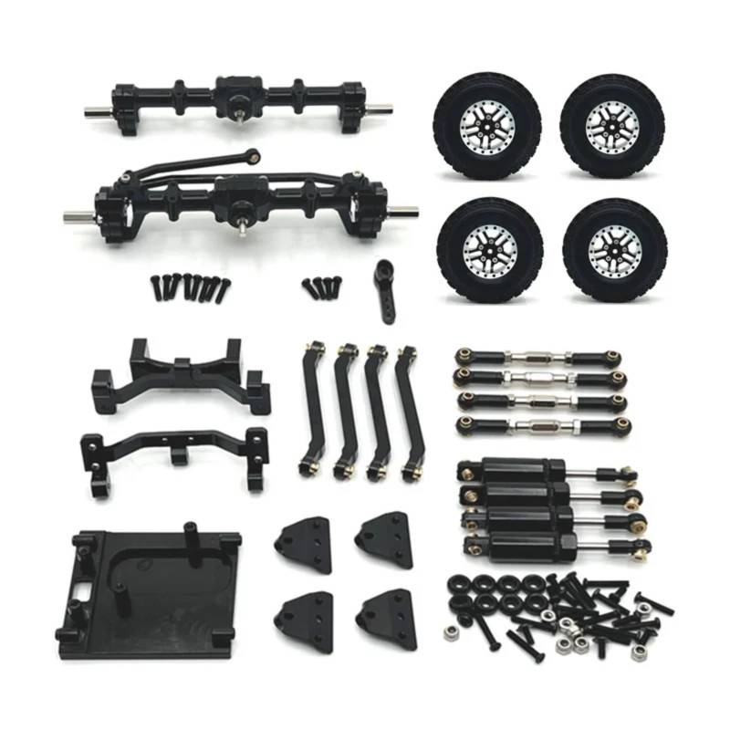 PLOQAZEH Für MN99S 2. Generation 1/12 RC-Car Portalachse Vorne Und Hinten Für Chassis Verbindungsstange Zugstangenhalterung Stoßdämpfer Reifensatz RC Autoteile(Black) von PLOQAZEH