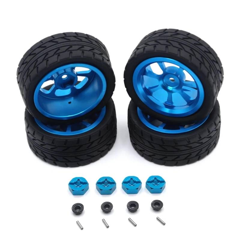 PLOQAZEH Für Wltoys 144001 144010 124007 124016 124019 A959 A959-B 4 Stücke 65mm Gummi Reifen Metall Felge 12mm Hex RC Auto Upgrade Teile RC Autoteile(Blue) von PLOQAZEH