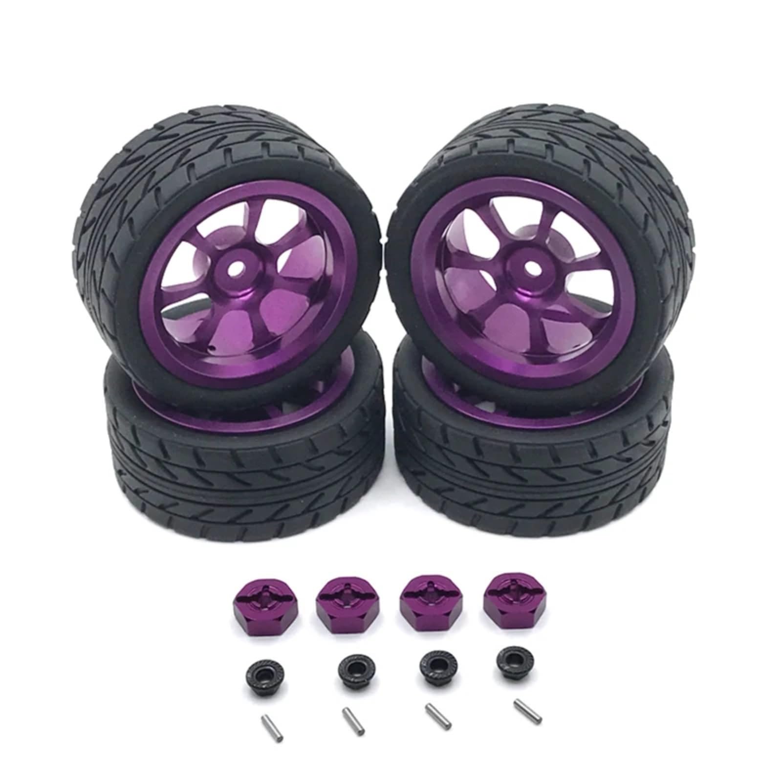 PLOQAZEH Für Wltoys 144001 144010 124007 124016 124019 A959 A959-B 4 Stücke 65mm Gummi Reifen Metall Felge 12mm Hex RC Auto Upgrade Teile RC Autoteile(Purple) von PLOQAZEH