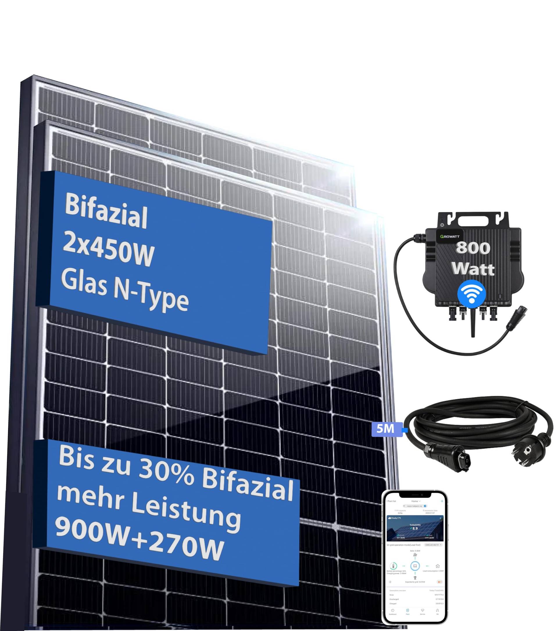 Balkonkraftwerk 1230Wp Bifazialer Glas Glas N-Type PV-Leistung 900Wp | 800W Growatt Neo 800W Wechselrichter Solaranlage (1230Wp 5m Kabel (230V) ohne Halterung, Growatt Neo 800W 2x450Watt Bifazial) von PLP TEK