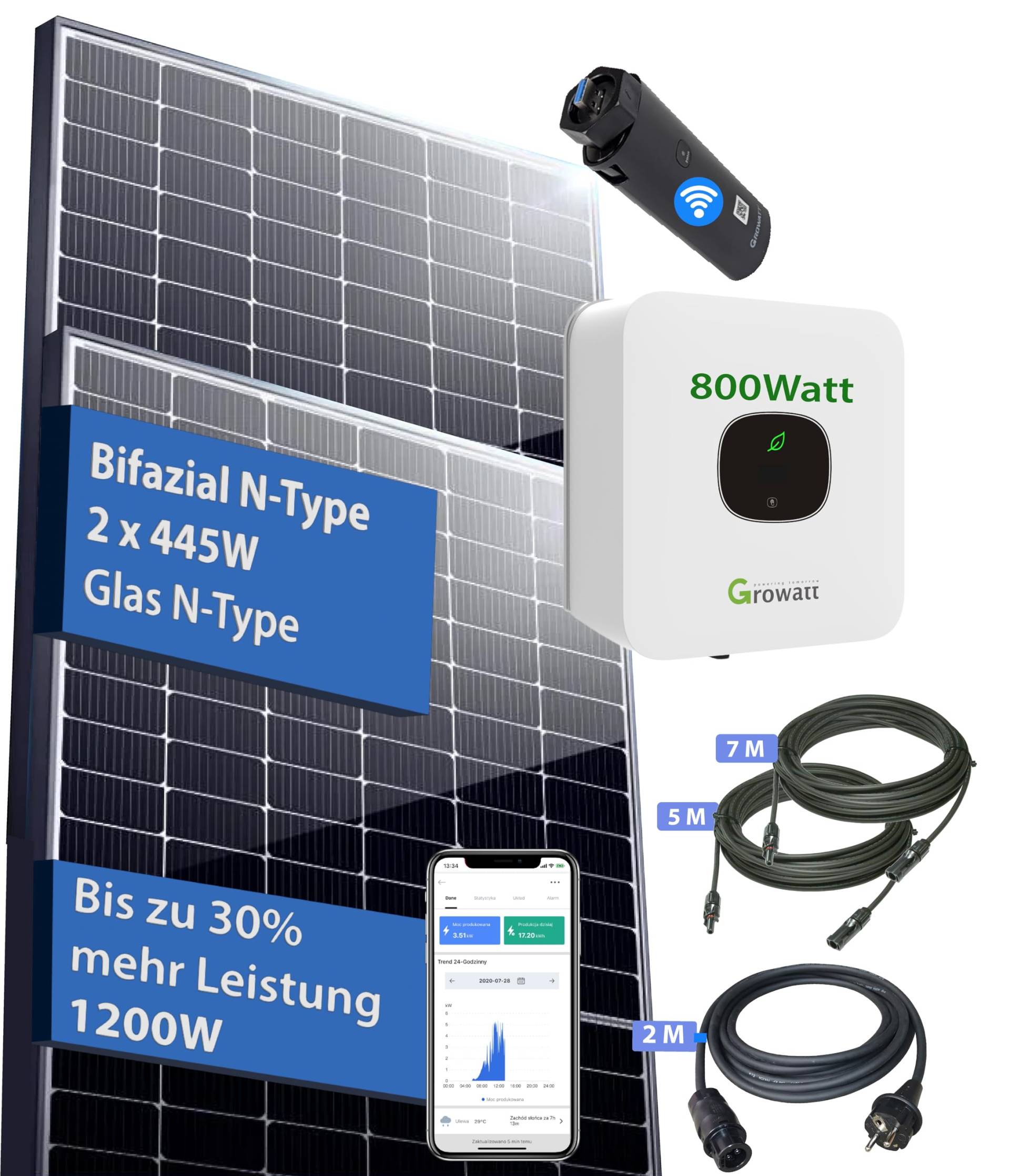 Balkonkraftwerk Bifazialer Glas Glas PV-Leistung Solaranlage Stecker fertig Balkon (Growatt Mic 800W, 890Wp) von PLP TEK