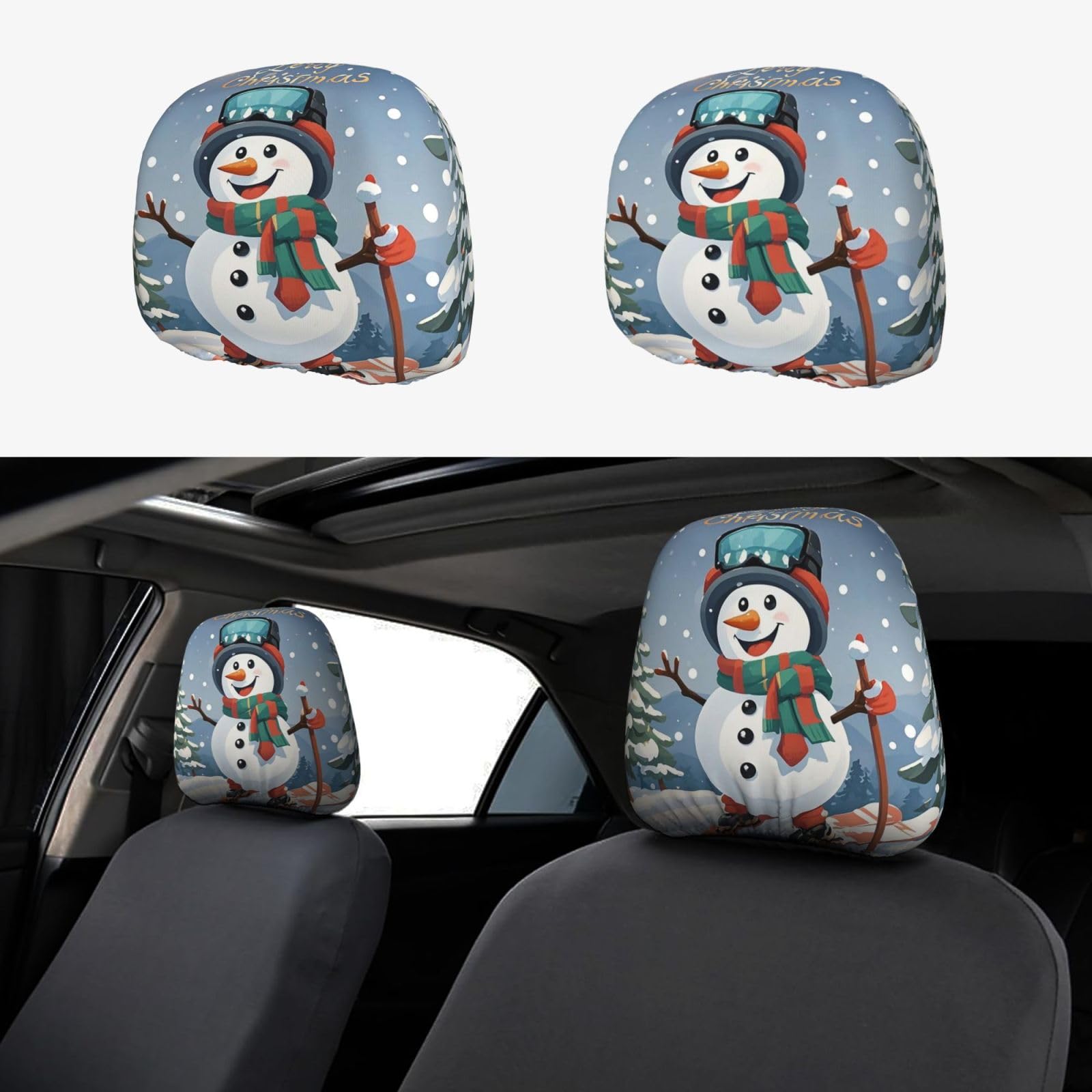 Kopfstützenbezüge für Auto, 2 Stück, schöne Weihnachtsmotive, Cartoon, Skifahren, Schneemann, Autositz, Kopfstützenbezüge, universelle Kopfstützenbezüge für LKW, SUV, die meisten Autos von PMQAGNKSMQ