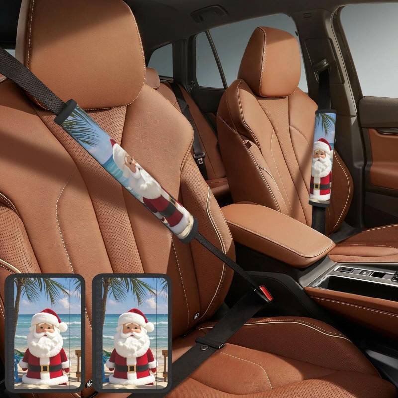 PMQAGNKSMQ 2 Stück Sicherheitsgurt-Bezug, personalisiertes Sicherheitsgurtpolster, Auto-Schulterpolster, Weihnachtsmann am Strand, Gurtpolster, Auto-Sicherheitsgurt-Kissen für Erwachsene, LKW, SUV, von PMQAGNKSMQ