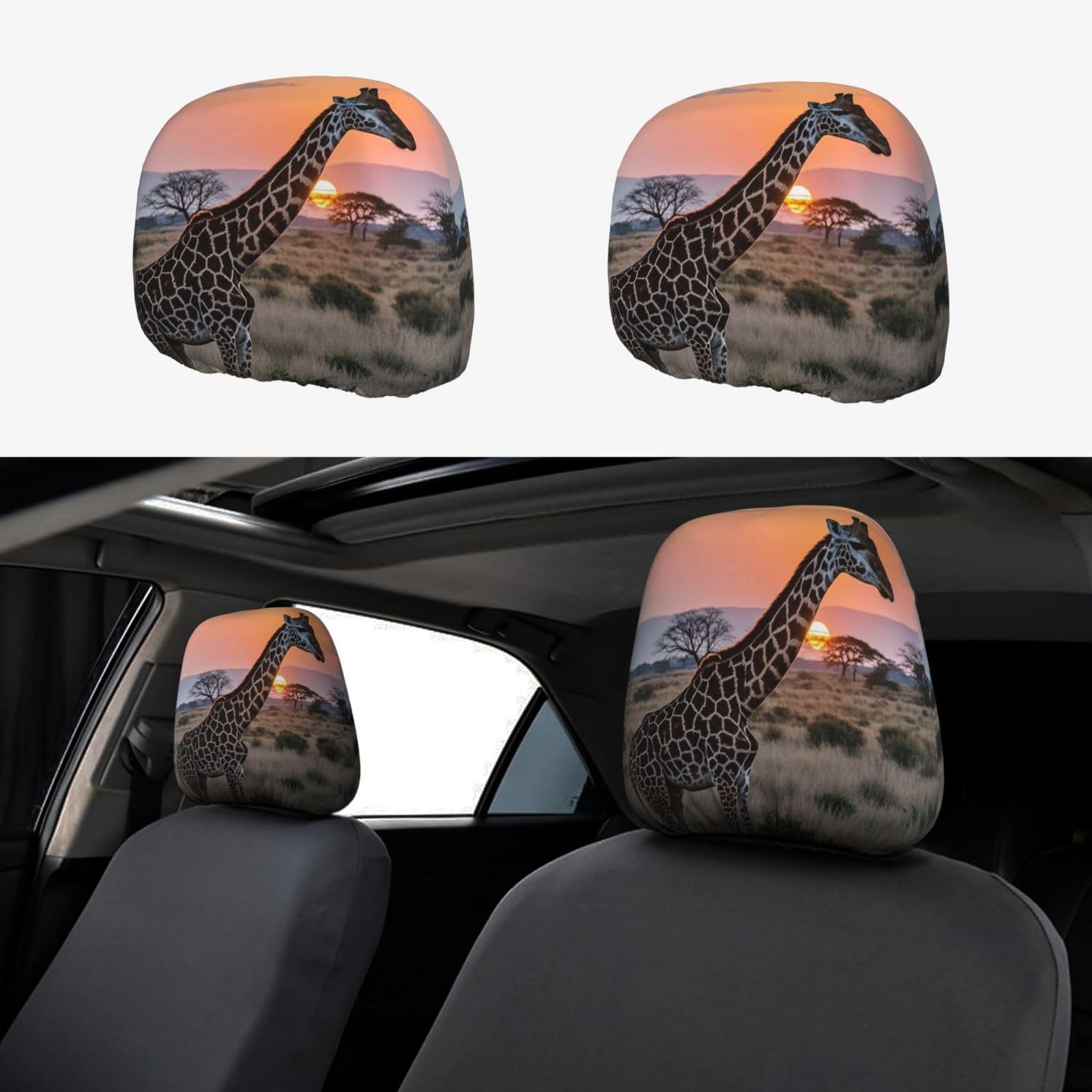 PMQAGNKSMQ Kopfstützenbezüge, Giraffe bei Sonnenuntergang, personalisierbar, universelle Kopfstützenbezüge für LKW, SUV, die meisten Autos von PMQAGNKSMQ