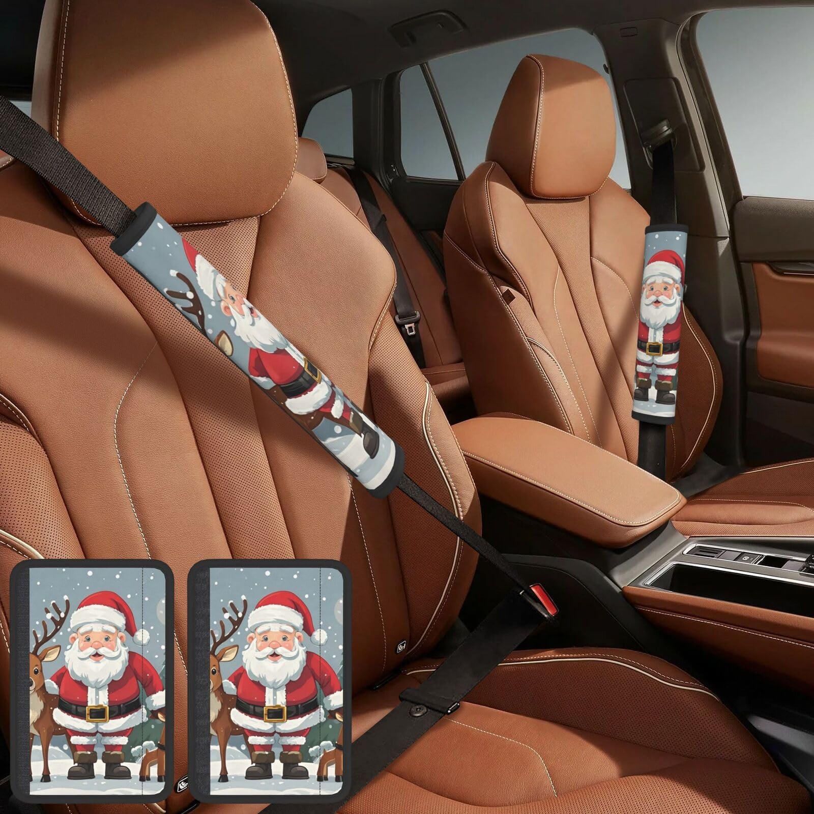 PMQAGNKSMQ Sicherheitsgurt-Bezug, personalisierbar, Auto-Schulterpolster, Weihnachtsmann und Hirsch, Elch, Gurtpolster, Auto-Sicherheitsgurtkissen, Bezug für Erwachsene, LKW, SUV, Rucksack, 2 Stück von PMQAGNKSMQ