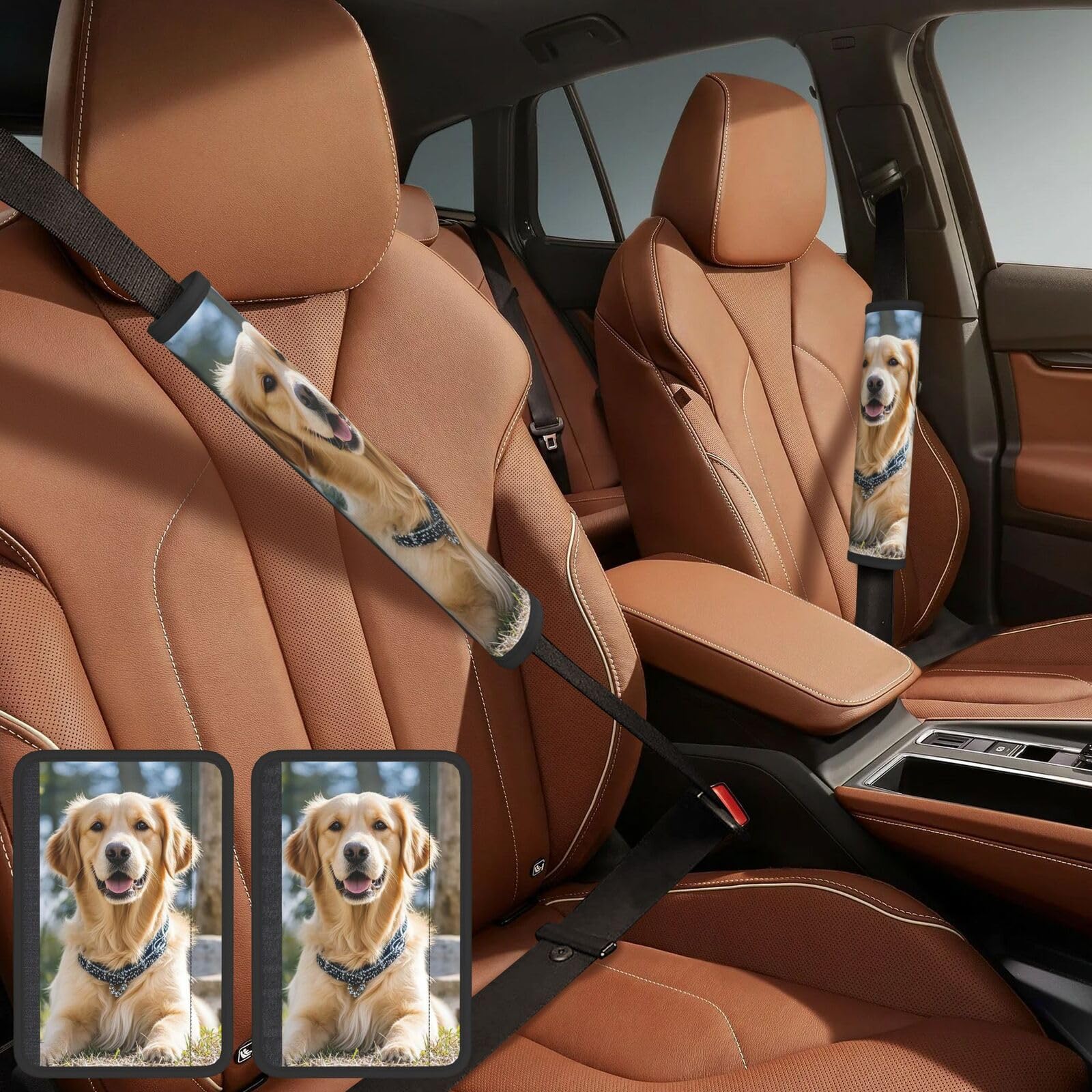 PMQAGNKSMQ Sicherheitsgurt-Bezug, personalisierbar, Auto-Schulterpolster, lustiges Golden Retriever-Gurtpolster, Auto-Sicherheitsgurtkissen, Bezug für Erwachsene, LKW, SUV, Rucksack, 2 Stück von PMQAGNKSMQ