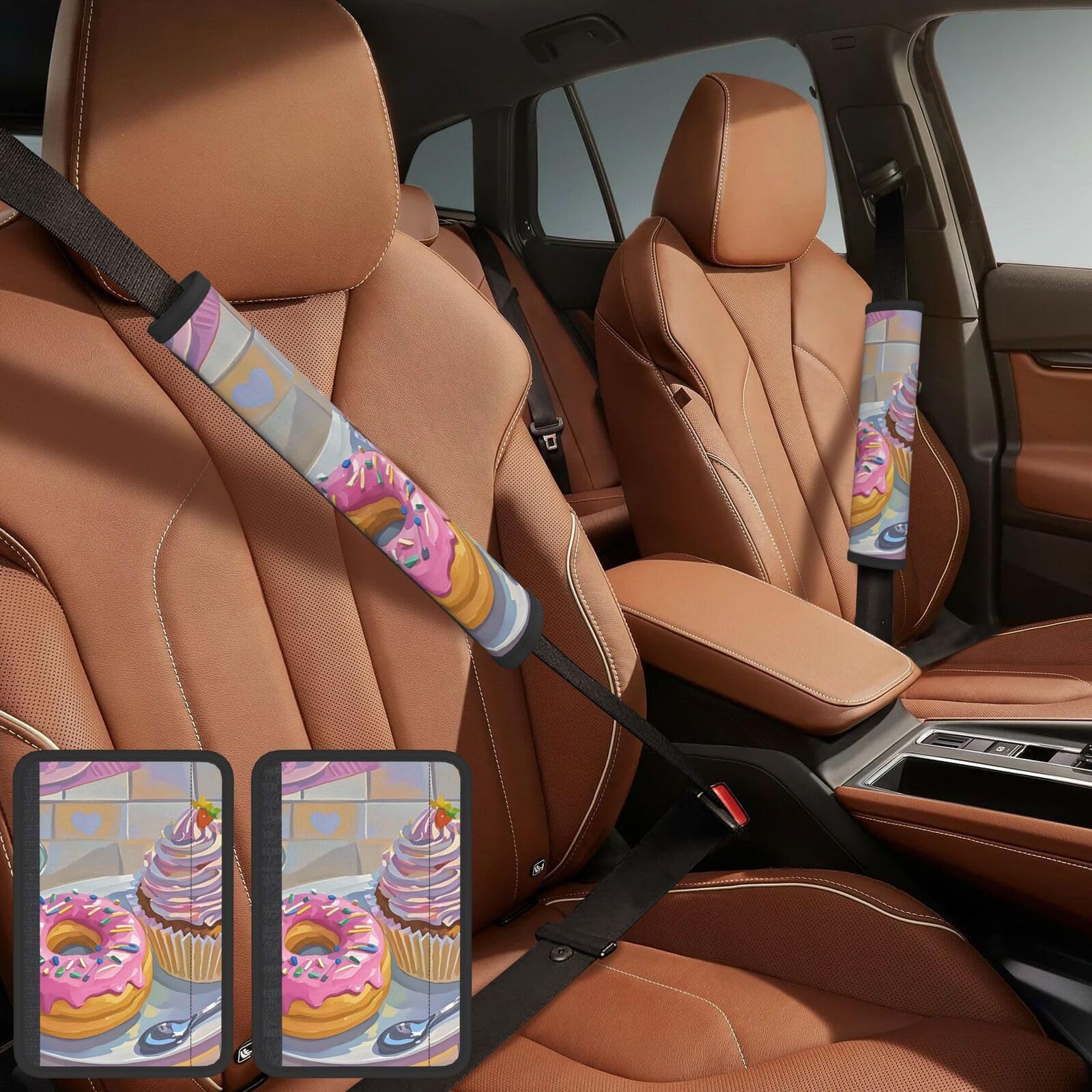 PMQAGNKSMQ Sicherheitsgurt-Bezug, personalisierbar, Auto-Schulterpolster, rosa Donut- und Cupcake-Gurtpolster, Auto-Sicherheitsgurt-Kissen für Erwachsene, LKW, SUV, Rucksack, 2 Stück von PMQAGNKSMQ