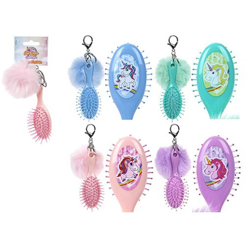 PMS Magischer Einhorn-Pom-Pom-Schlüsselanhänger mit Haarbürste, 8 cm, bezaubernd, flauschiges und farbenfrohes Accessoire, perfektes Accessoire und Geschenk, 1 Stück von PMS