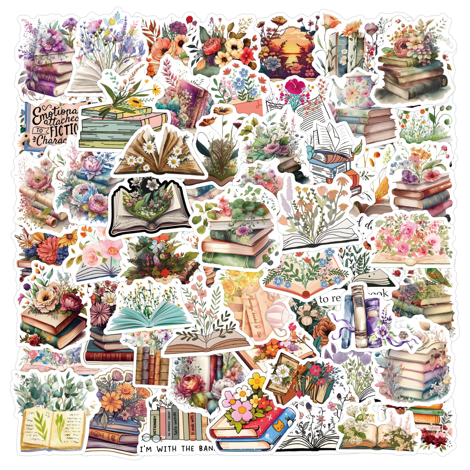 PNGIF Blumen und Bücher Aufkleber 60 Stück, Wasserfeste Aesthetic Sticker Set für Laptop Koffer Skateboard MacBook iPad Gepäck Scrapbook Lesen Sticker für Schüler und Lehrer von PNGIF