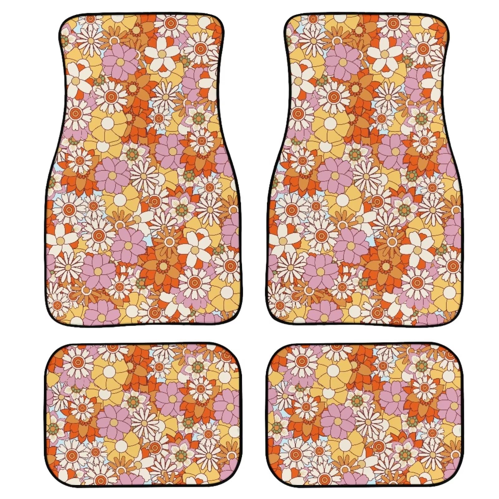 POLERO 70S Automatten für Damen, Retro-Blumenmuster, komplettes Set mit 4 Stück, Autozubehör, groovig, Hippie, Blume, Autoteppichmatten von POLERO