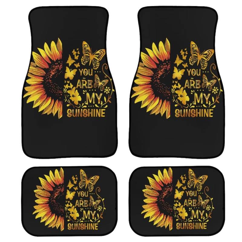 POLERO Auto-Fußmatten mit Sonnenblumen-Motiv "You Are My Sunshine" für Damen, komplettes Set mit 4 Stück, Autoteppichmatten für vorne und hinten von POLERO