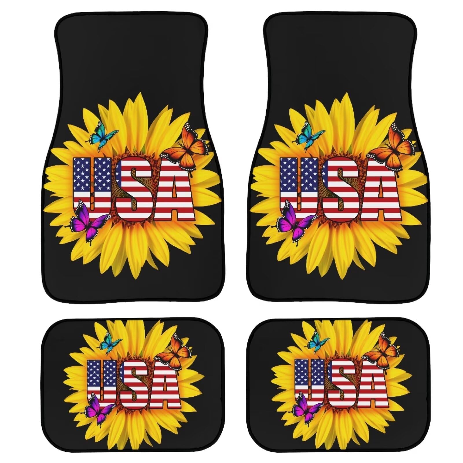 POLERO Automatten mit amerikanischer Flagge, Sonnenblume, komplettes Set mit 4 Fahrzeugen, vorne und hinten, patriotische Auto-Fußmatten für 4. Juli Unabhängigkeitstag von POLERO