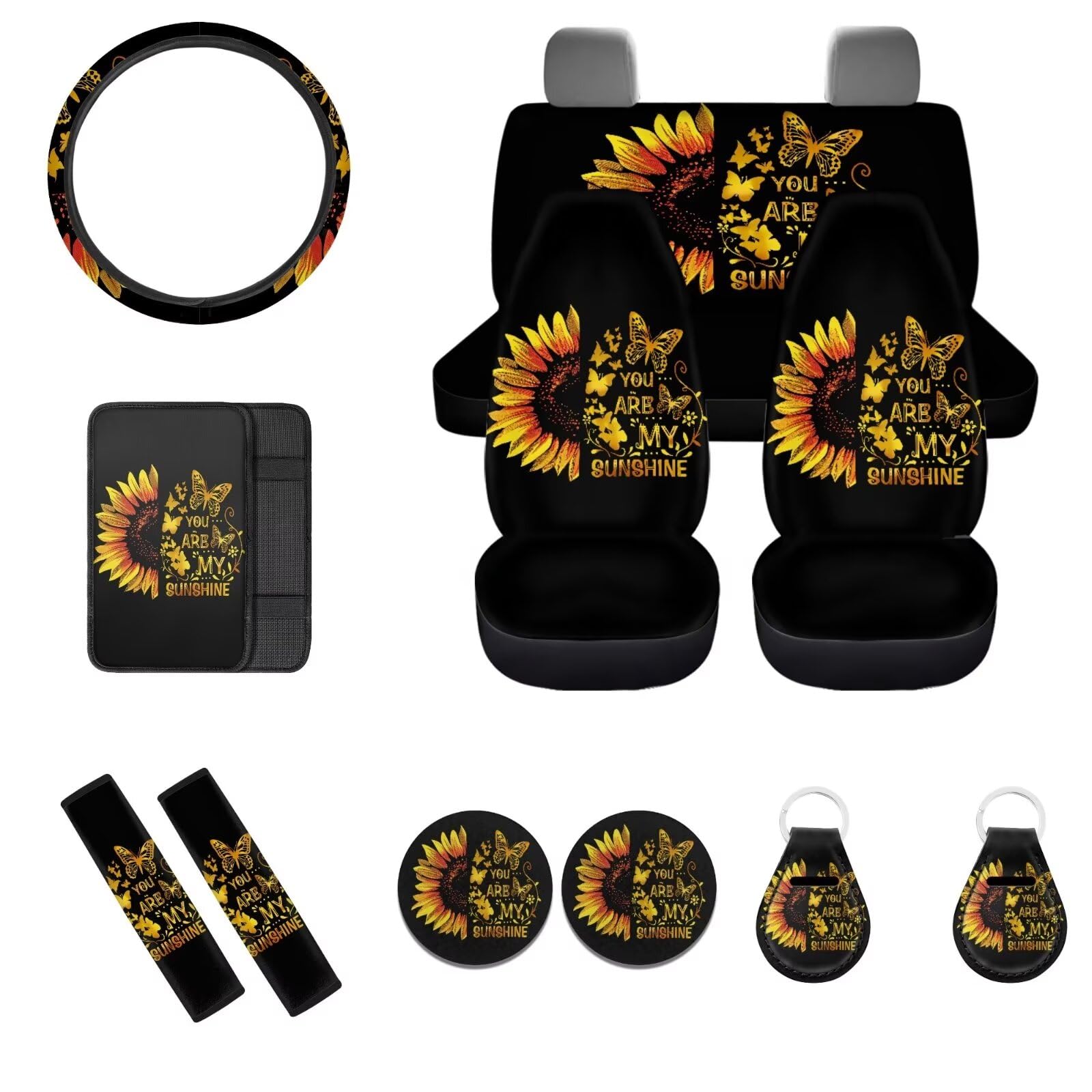 POLERO Autositzbezüge, Motiv: Sonnenblume und Schmetterling, komplettes Set, 12-teilig, You Are My Sunshine, Autozubehör für Damen, mit Lenkradbezug, niedliche Schlüsselanhänger von POLERO