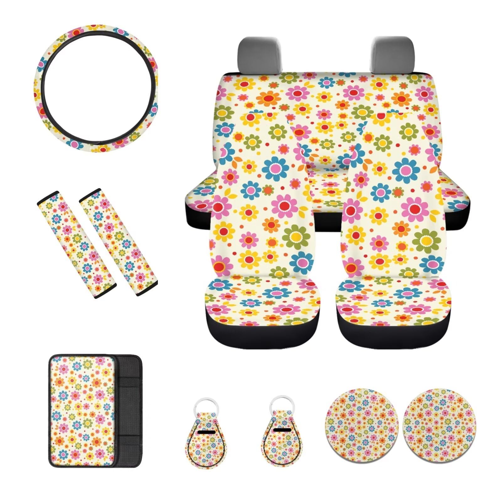 POLERO Groovy Hippie Flower Autositzbezüge, komplettes Set, 12-teilig, 70er Jahre Retro-Blumen-Lenkradbezug-Set mit Schlüsselanhängern von POLERO