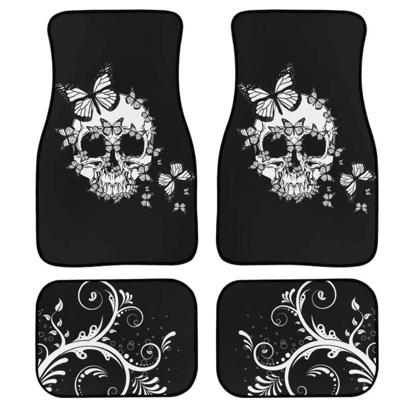 POLERO Sugar Skull Auto Fußmatten für Frauen Totenkopf Schmetterling Auto Vorne & Hinten Fußmatten Universal Fit von POLERO