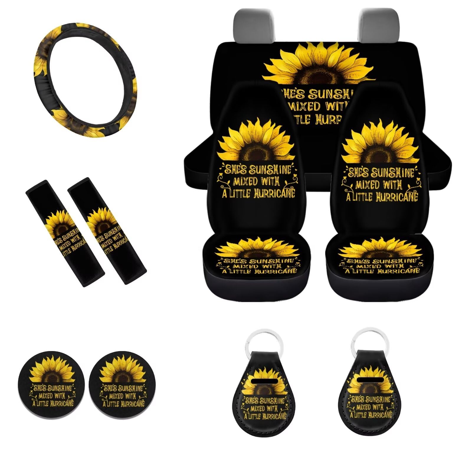 POLERO Sunflower Autositzbezug-Set für Damen, Blumenmuster, Lenkradschoner, 11-teilig, mit Gurtpolstern "She's Sunshine", gemischt mit einem kleinen Hurricane-Autozubehör von POLERO