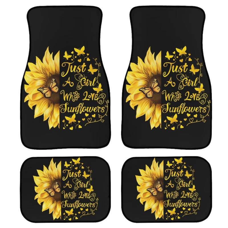 POLERO Sunflower Butterfly Fußmatten für Autos, universell, vorne und hinten, 4 Stück, ästhetisches Zubehör für Damen von POLERO