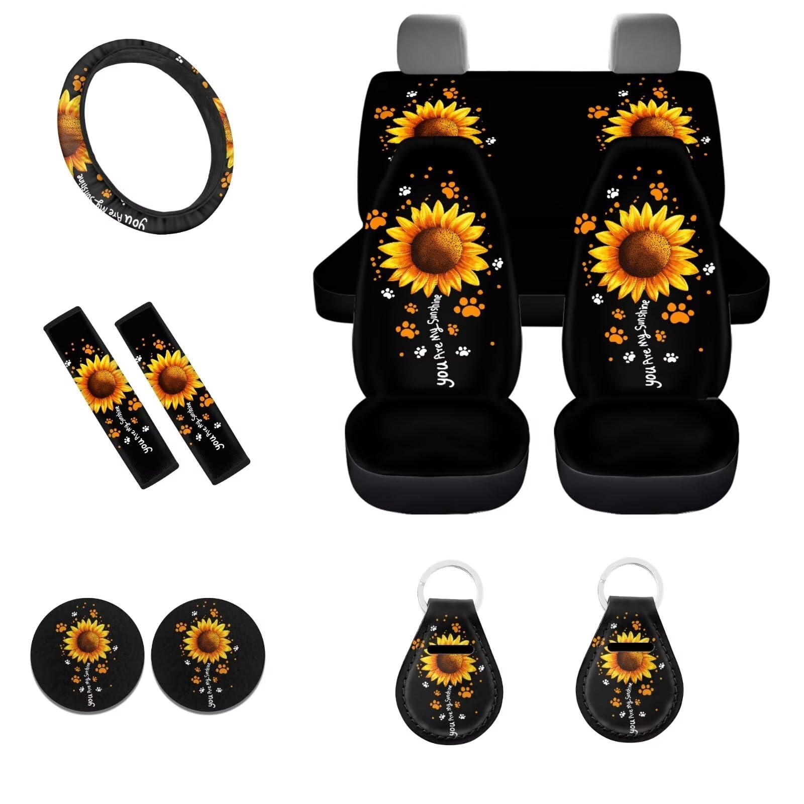 POLERO You Are My Sunshine Autositzbezug-Set für Damen, niedlicher Hundepfoten-Druck, Autozubehör, 11-teiliges Lenkradbezug-Set mit Schlüsselanhängern von POLERO