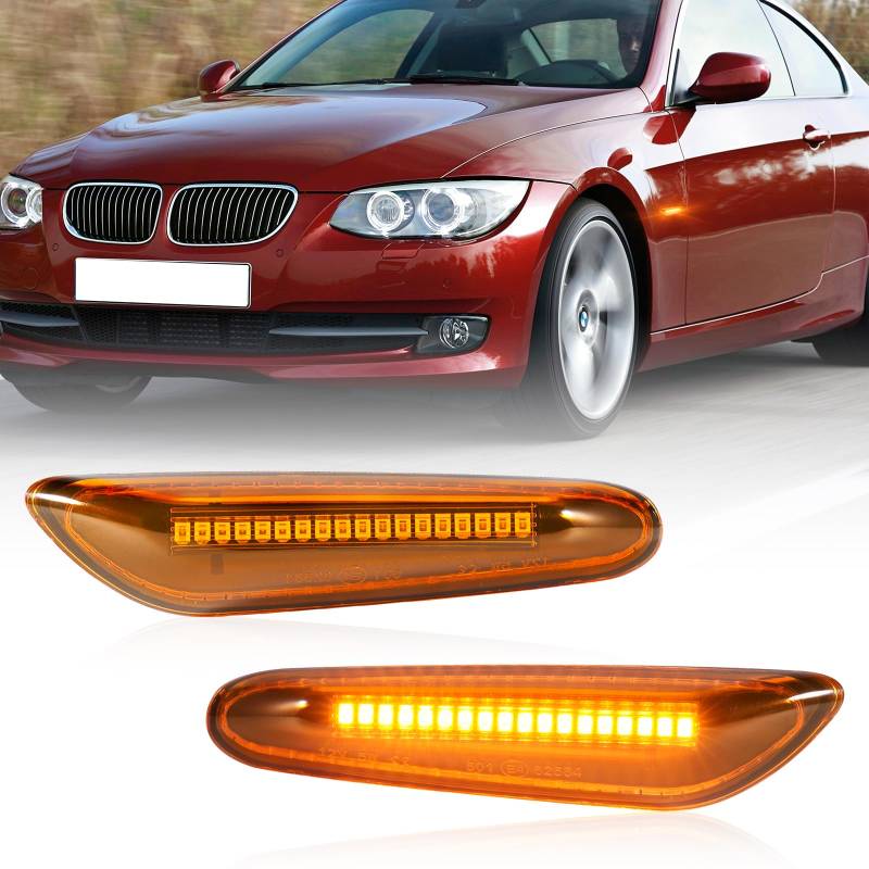 POPMOTORZ LED Seitenblinker Blinker für BMW 1 Series E81 E87 3 Series E46 E36 E90 E91 E92 E93 5 Series E60 E61 X1 E84 X3 E83 mit Canbus Fehlerfrei 2835 SMD Orangefarbene Linse, 2 Stück von POPMOTORZ