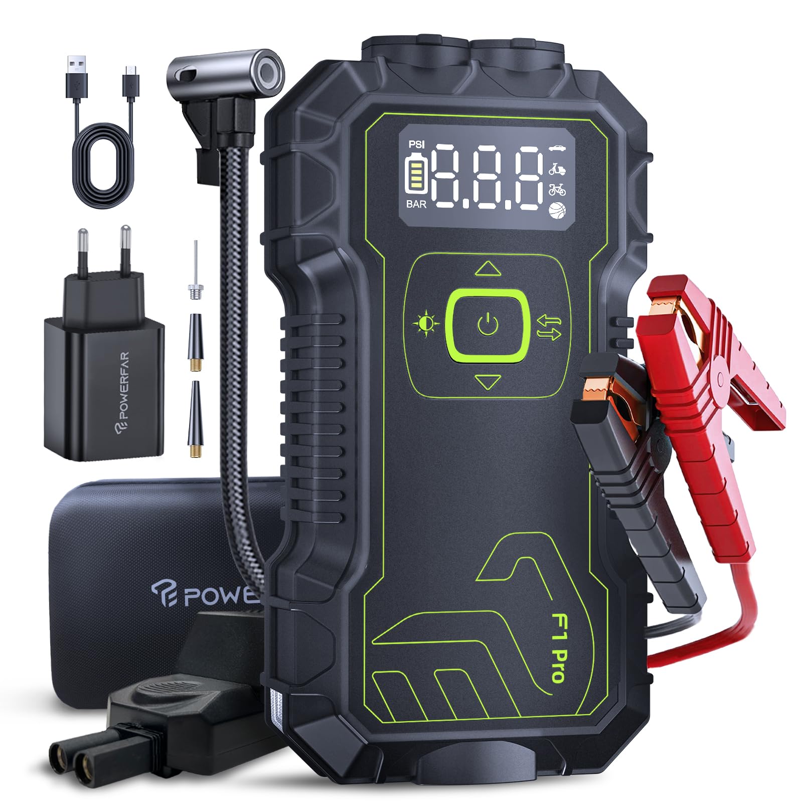 POWERFAR Starthilfe Powerbank Mit Luftkompressor 12V, 160 PSI Booster Auto Starthilfe, 5000A car Jump Starter Auto (9L Gas/8L Diesel),Typ-C Schnellladung, USB QC 3.0, Verlängerungs-Starthilfekabel. von POWERFAR