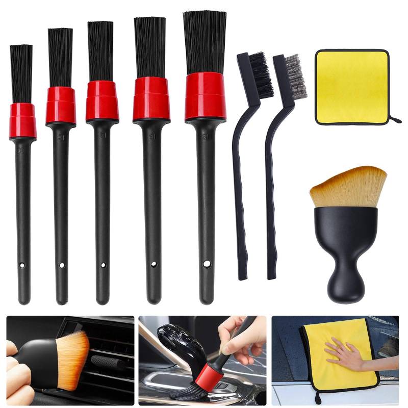 Auto Detail Cleaning Brush, Auto Reinigungsbürsten Set, Auto Innere Reinigungswerkzeuge, 10 Stück Auto Detailingbürste, Auto Reinigung Pinsel Set für Innen-und-Außenraum Autopflege, mit Reinigungstuch von POWWA