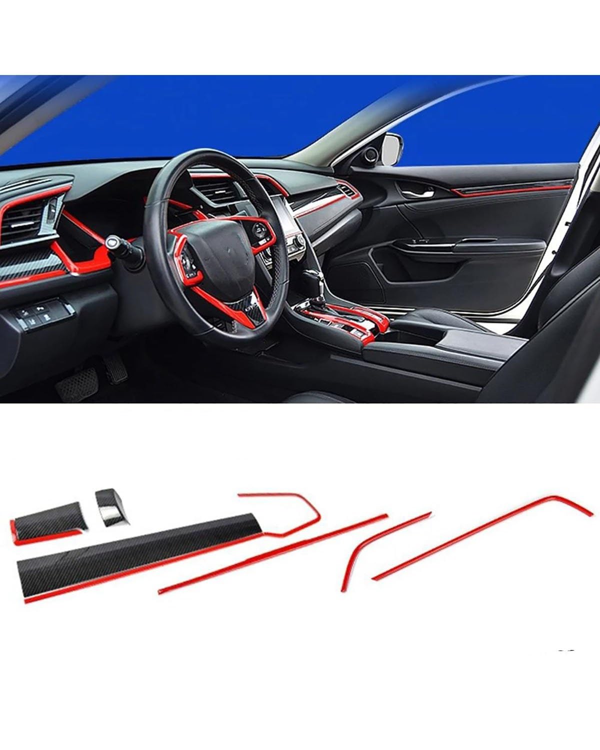 Verkleidung der Konsolenverkleidung 9 Stücke Für Civic Für 10Th 2016 2017-2019 Autozubehör Carbon Fiber Auto Konsole Center Dashboard Abdeckung Trim Dekorative Aufkleber(Red) von PPLKHS