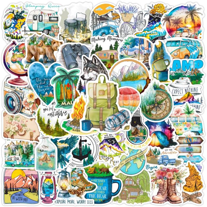 PRETTY SUNSHINE Camping im Freien Sticker Set 50 Stück, Vintage Aufkleber für Koffer MacBook Fahrrad Helm Laptop Skateboard Auto Motorrad Wasserfest Reisen Sticker von PRETTY SUNSHINE