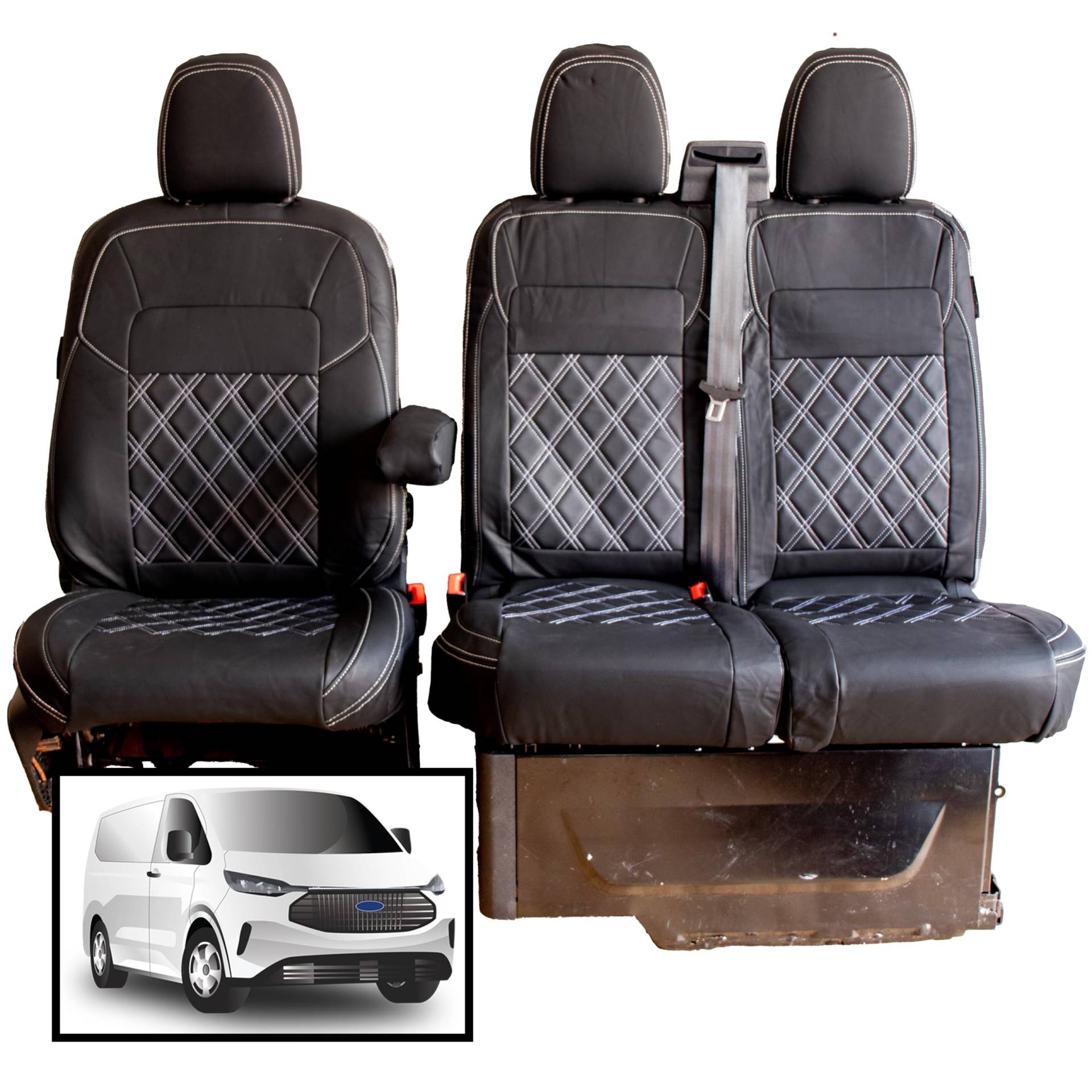 Maßgeschneiderte Sitzbezüge für Ford Transit Custom ab 2024, Fahrer und Doppel-Beifahrer, Kunstleder für Ford Transit Custom Sitzbezüge von PRIMUS SEAT COVERS