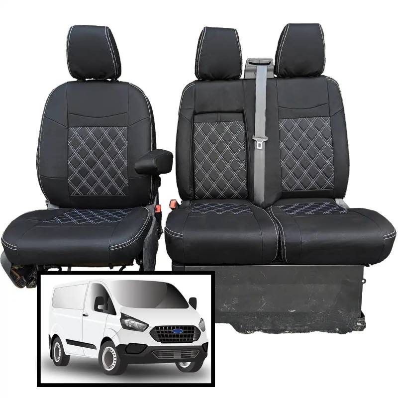 Sitzbezüge für Ford Transit Custom 2013 bis 2023, Fahrer und Doppel-Beifahrer, maßgeschneidertes Kunstleder für Ford Transit Custom Sitzbezüge von PRIMUS SEAT COVERS